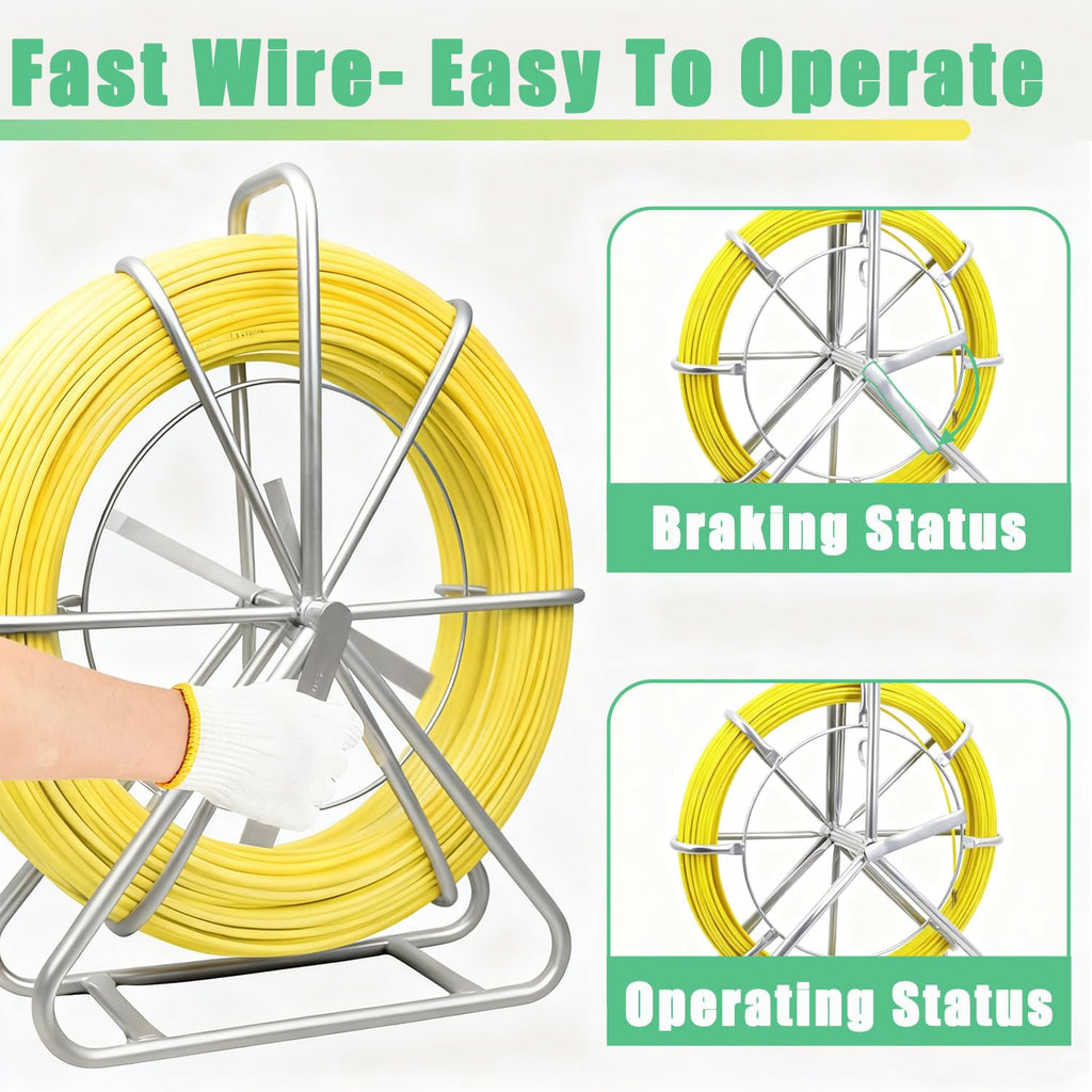 6mm (1/4") x 500ft (152M) Fiberglass Duct Rodder, Heavy-Duty Electrical Fish Tape Cable Puller with Durable Steel Reel Stand & Cage Wheel, Wire Running Rod for Conduit Installations