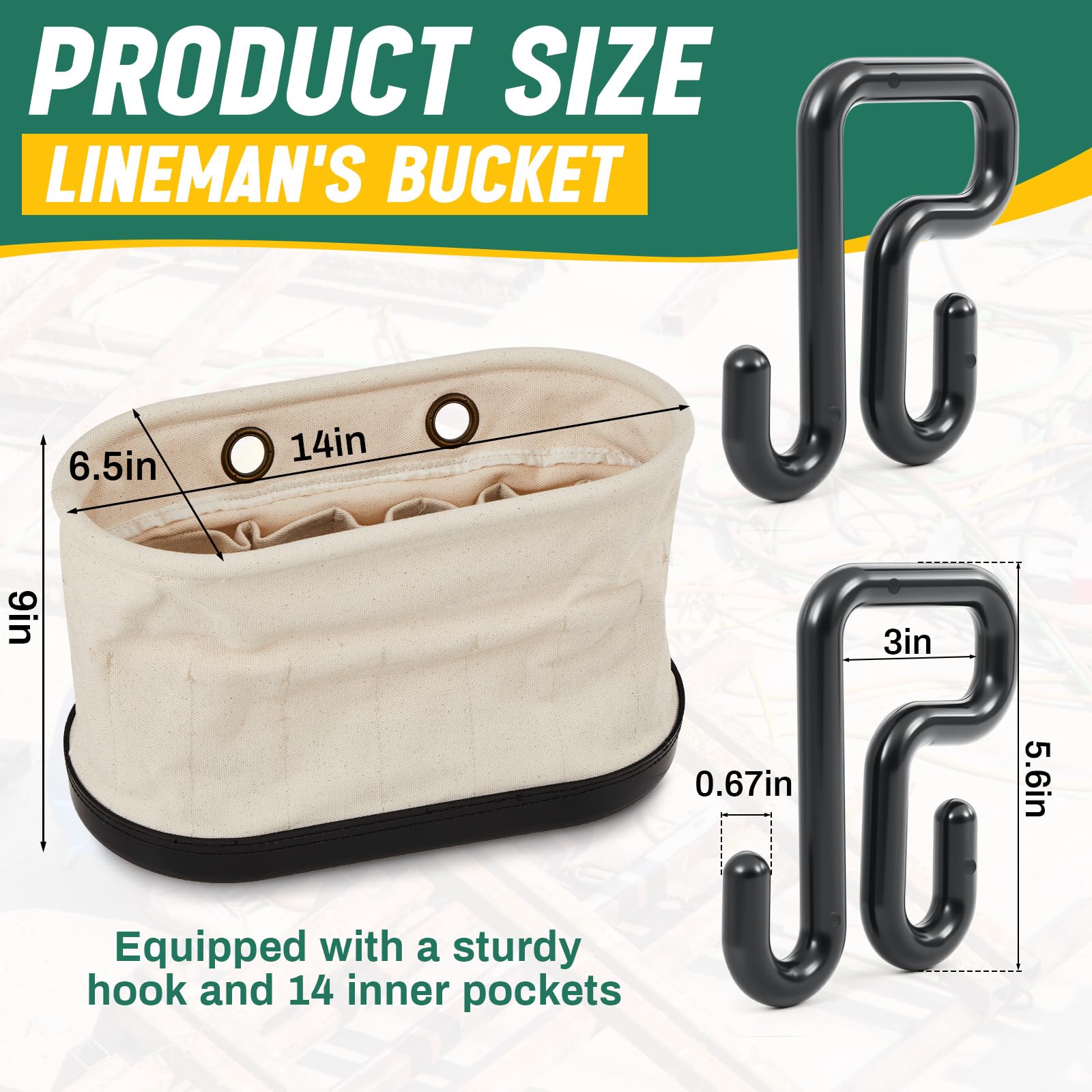 Vesici 2 Set Canvas Bucket Bag Including Hooks Aerial Oval Tool Bucket with Black Polypropylene Bottom 15 Pockets Lineman Tool Bag Organizer for Industrial Maintenance Construction Sites (White)