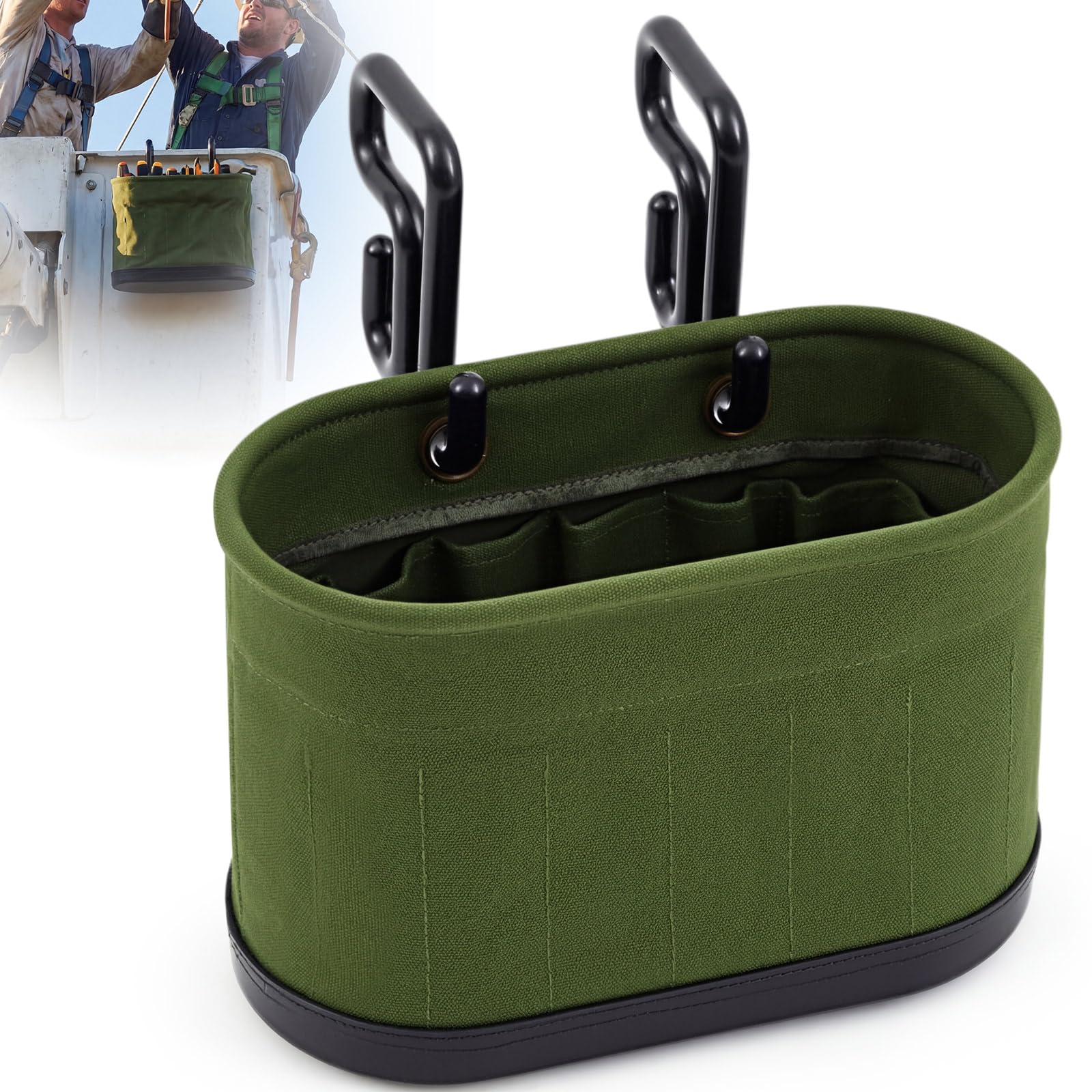Vesici 2 Set Canvas Bucket Bag Including Hooks Aerial Oval Tool Bucket with Black Polypropylene Bottom 15 Pockets Lineman Tool Bag Organizer for Industrial Maintenance Construction Sites (White)