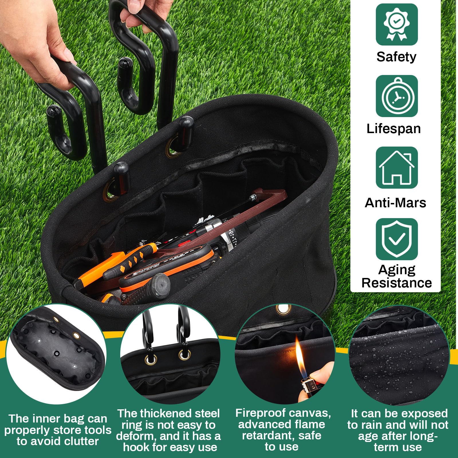 Vesici 2 Set Canvas Bucket Bag Including Hooks Aerial Oval Tool Bucket with Black Polypropylene Bottom 15 Pockets Lineman Tool Bag Organizer for Industrial Maintenance Construction Sites (White)