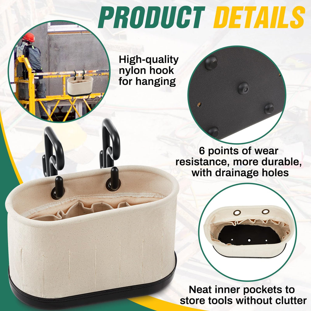 Vesici 2 Set Canvas Bucket Bag Including Hooks Aerial Oval Tool Bucket with Black Polypropylene Bottom 15 Pockets Lineman Tool Bag Organizer for Industrial Maintenance Construction Sites (White)