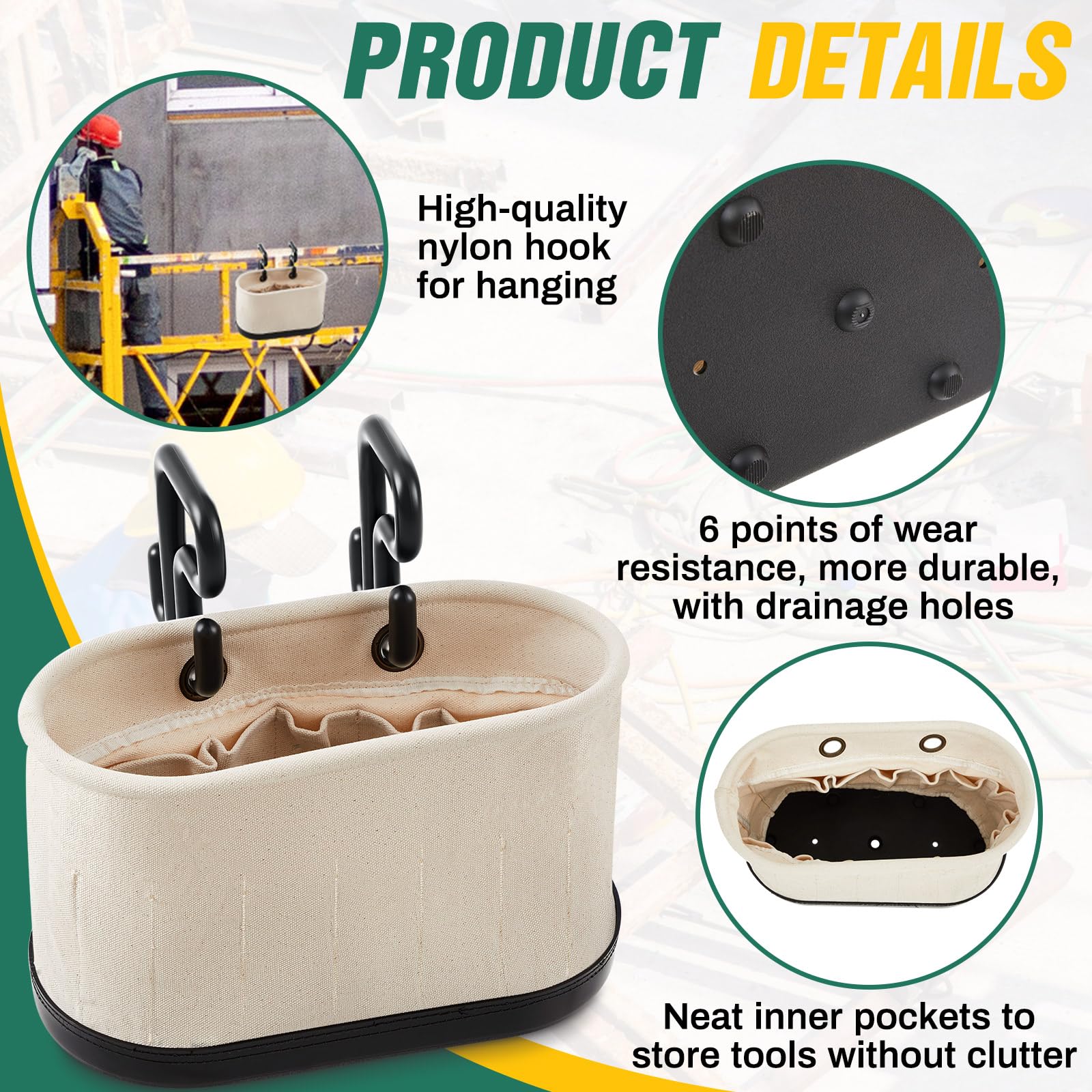 Vesici 2 Set Canvas Bucket Bag Including Hooks Aerial Oval Tool Bucket with Black Polypropylene Bottom 15 Pockets Lineman Tool Bag Organizer for Industrial Maintenance Construction Sites (White)
