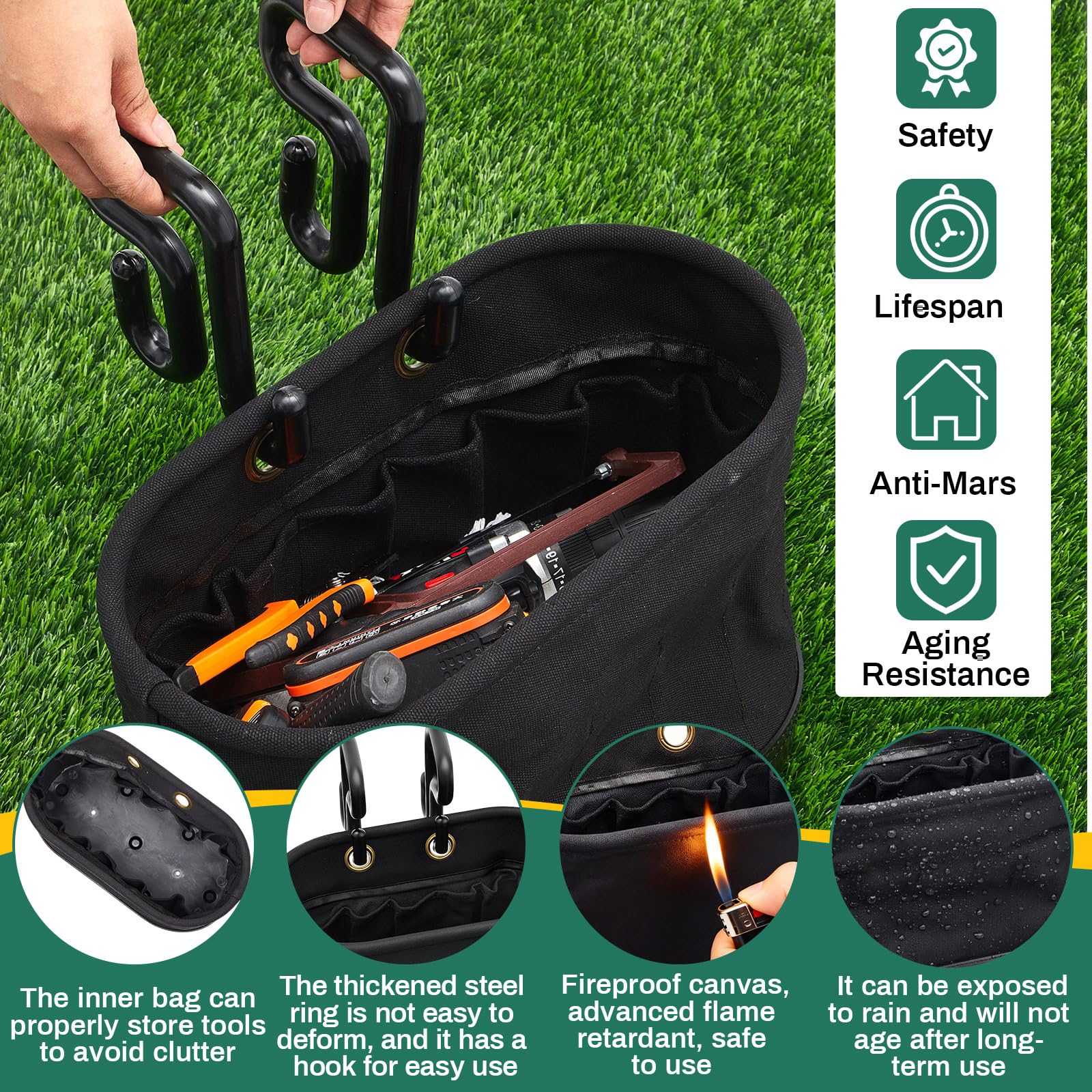 Vesici 2 Set Canvas Bucket Bag Including Hooks Aerial Oval Tool Bucket with Black Polypropylene Bottom 15 Pockets Lineman Tool Bag Organizer for Industrial Maintenance Construction Sites (White)