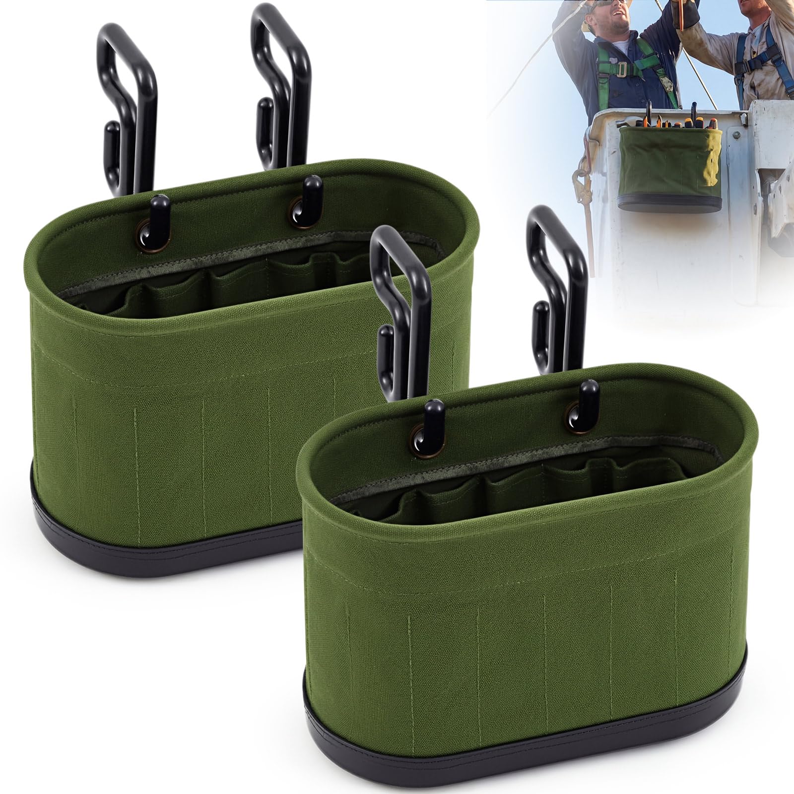 Vesici 2 Set Canvas Bucket Bag Including Hooks Aerial Oval Tool Bucket with Black Polypropylene Bottom 15 Pockets Lineman Tool Bag Organizer for Industrial Maintenance Construction Sites (White)