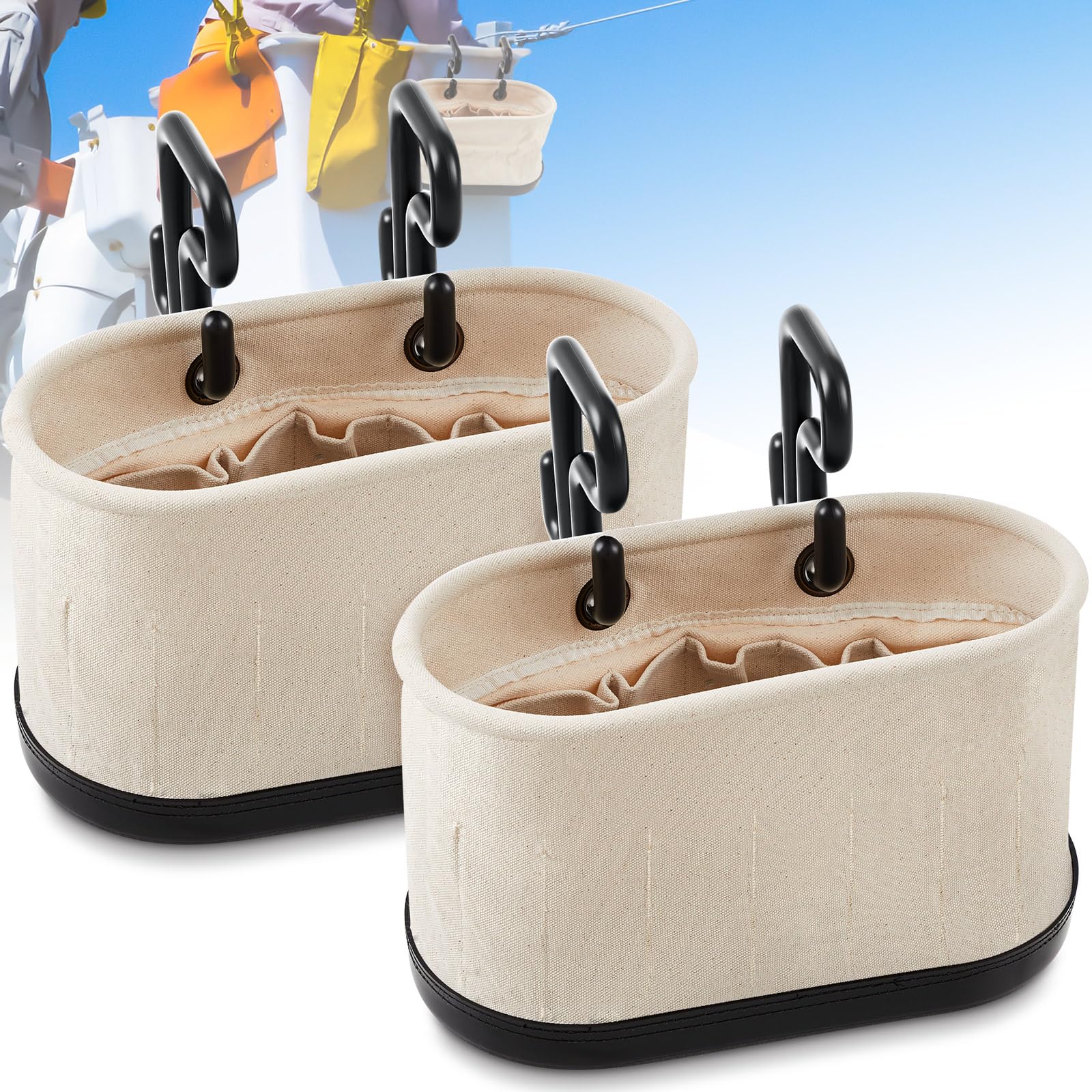 Vesici 2 Set Canvas Bucket Bag Including Hooks Aerial Oval Tool Bucket with Black Polypropylene Bottom 15 Pockets Lineman Tool Bag Organizer for Industrial Maintenance Construction Sites (White)