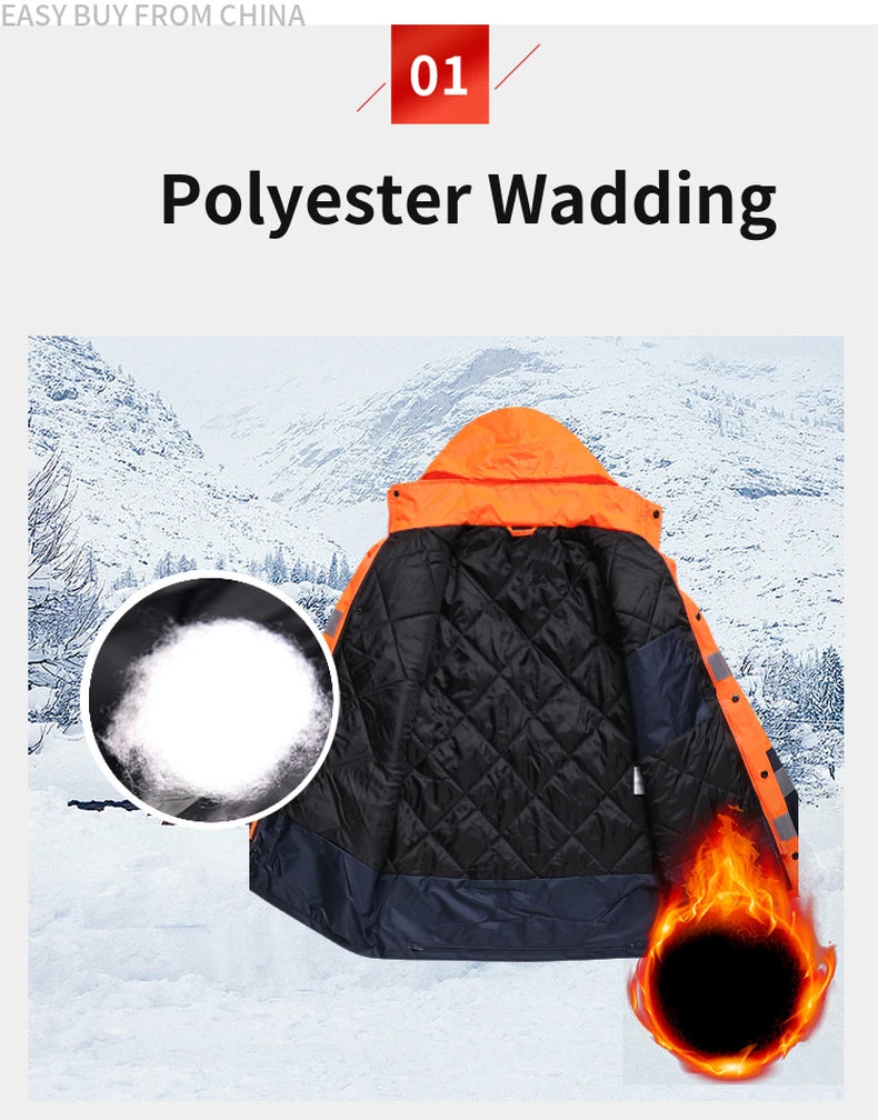 Men's Hi Vis Winter Safety Parka Jacket Reflective Warm Coat Rain Jacket With Zipper and Pockets