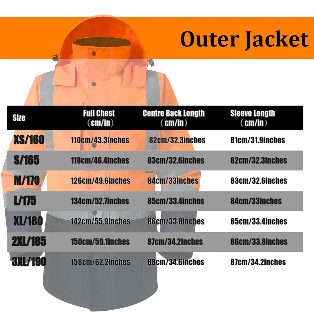 Hi Vis 5 in 1 Waterproof Parka Windbreaker Workwear Rain Coat Reflective Safety Jacket with Detachable Linner