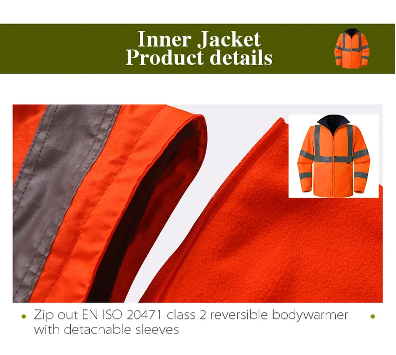 Hi Vis 5 in 1 Waterproof Parka Windbreaker Workwear Rain Coat Reflective Safety Jacket with Detachable Linner