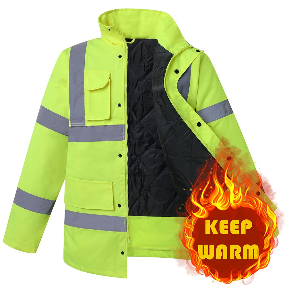 Men's Hi Vis Winter Safety Parka Jacket Reflective Warm Coat Rain Jacket With Zipper and Pockets
