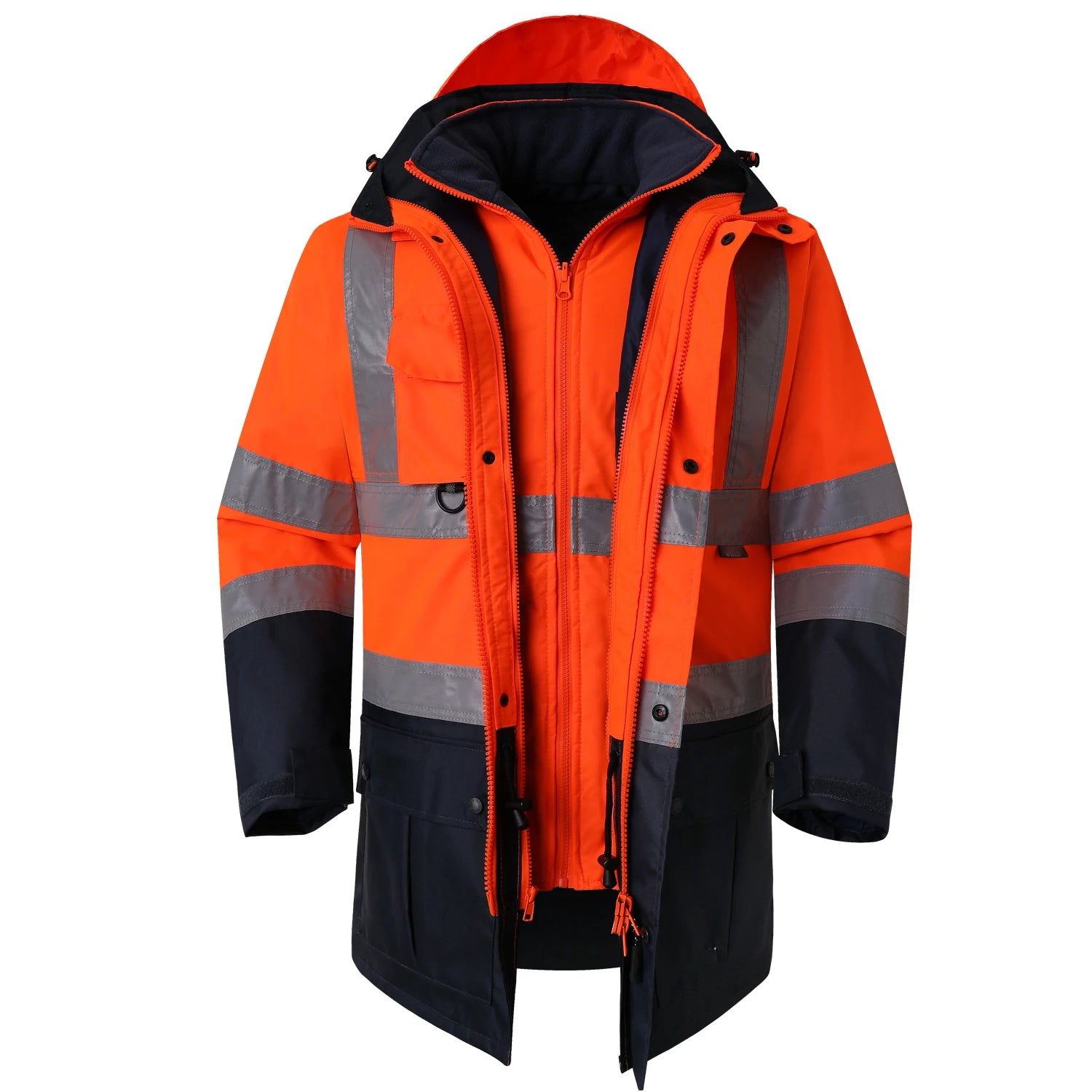 Hi Vis 5 in 1 Waterproof Parka Windbreaker Workwear Rain Coat Reflective Safety Jacket with Detachable Linner