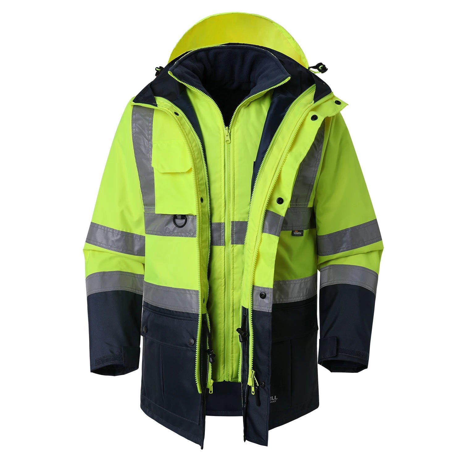 Hi Vis 5 in 1 Waterproof Parka Windbreaker Workwear Rain Coat Reflective Safety Jacket with Detachable Linner