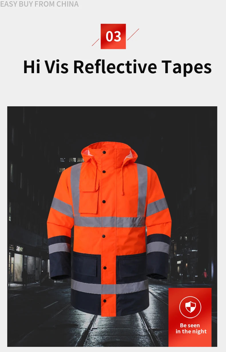 Men's Hi Vis Winter Safety Parka Jacket Reflective Warm Coat Rain Jacket With Zipper and Pockets