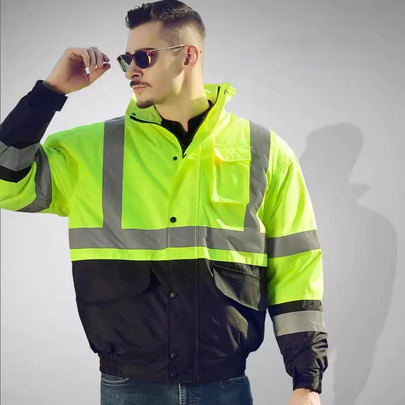 Hi Vis Cotton Winter Safety Coat,Safety Jackets Waterproof with Pockets and Zipper,Traffic Highway Rain Coat