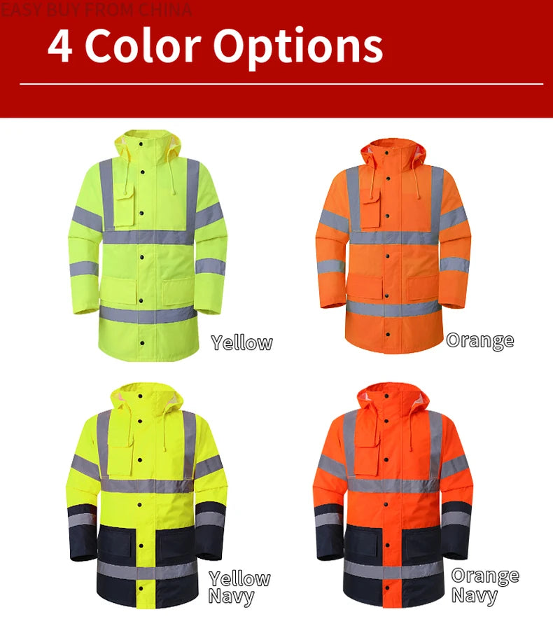 Men's Hi Vis Winter Safety Parka Jacket Reflective Warm Coat Rain Jacket With Zipper and Pockets
