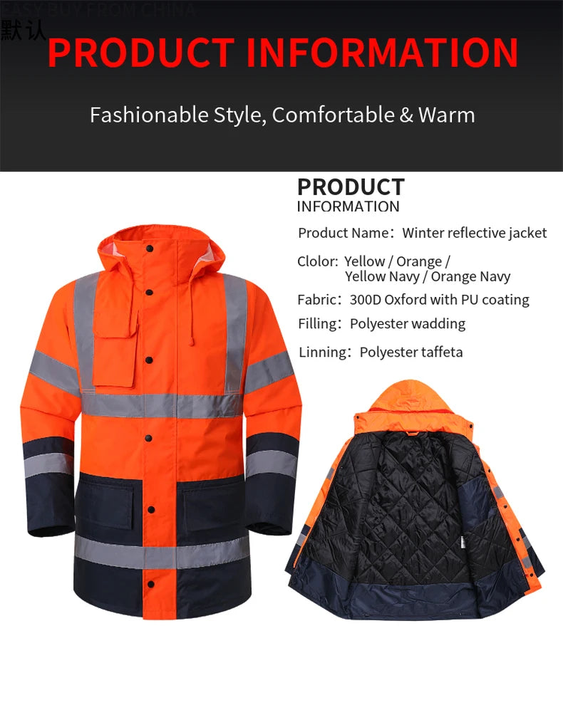 Men's Hi Vis Winter Safety Parka Jacket Reflective Warm Coat Rain Jacket With Zipper and Pockets