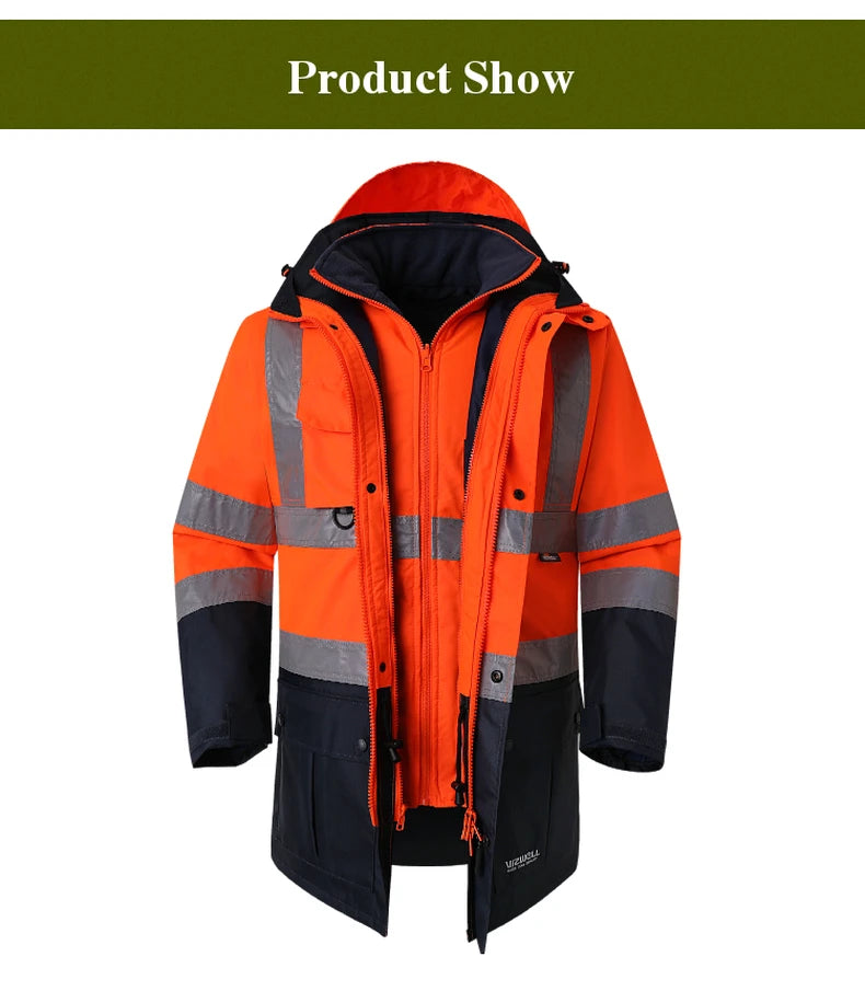 Hi Vis 5 in 1 Waterproof Parka Windbreaker Workwear Rain Coat Reflective Safety Jacket with Detachable Linner