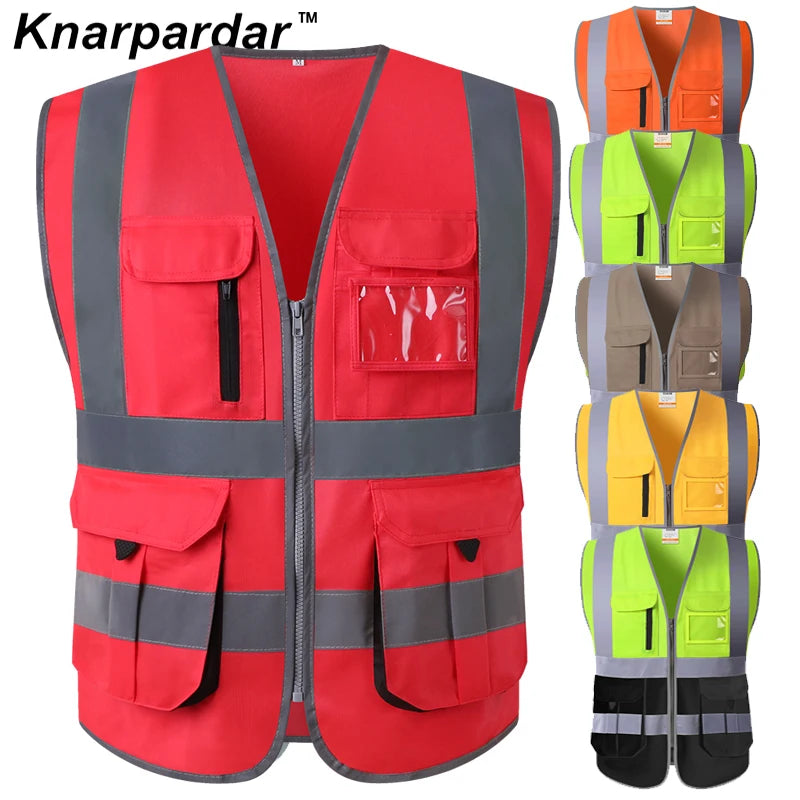High Visibility Red Safety Vest Reflective Multipockets Summer Hi Vis Workwear Waistcoat for Aircraft Maintenance Work Jacket