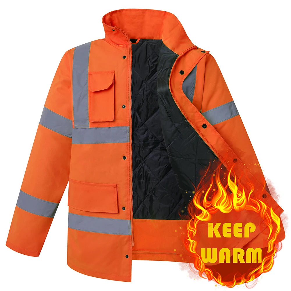 Men's Hi Vis Winter Safety Parka Jacket Reflective Warm Coat Rain Jacket With Zipper and Pockets