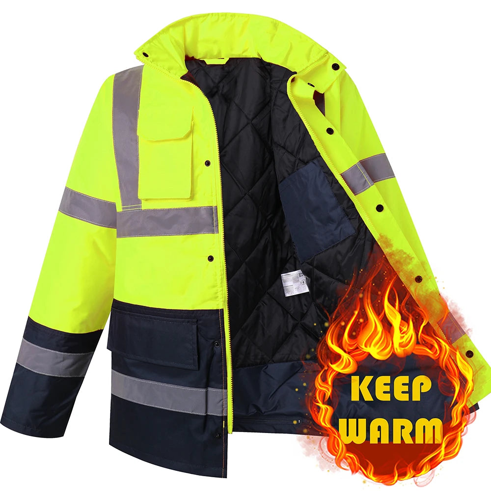 Men's Hi Vis Winter Safety Parka Jacket Reflective Warm Coat Rain Jacket With Zipper and Pockets