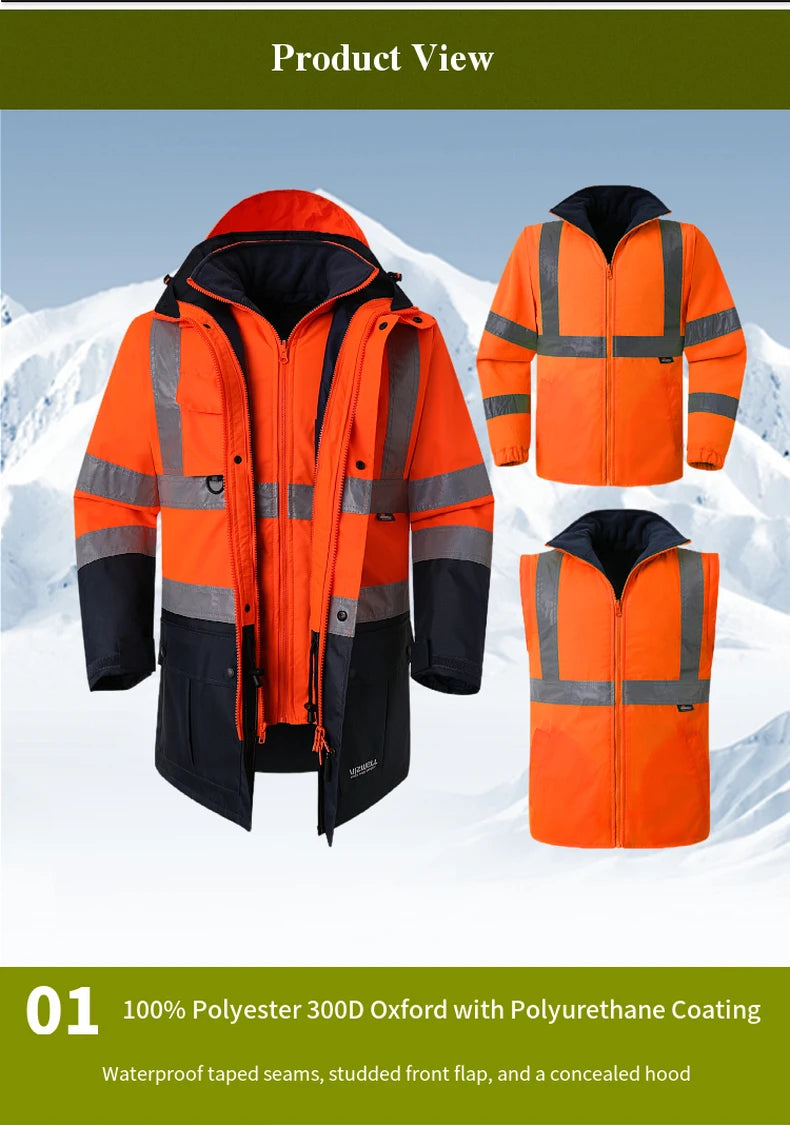 Hi Vis 5 in 1 Waterproof Parka Windbreaker Workwear Rain Coat Reflective Safety Jacket with Detachable Linner