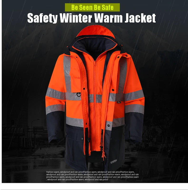 Hi Vis 5 in 1 Waterproof Parka Windbreaker Workwear Rain Coat Reflective Safety Jacket with Detachable Linner