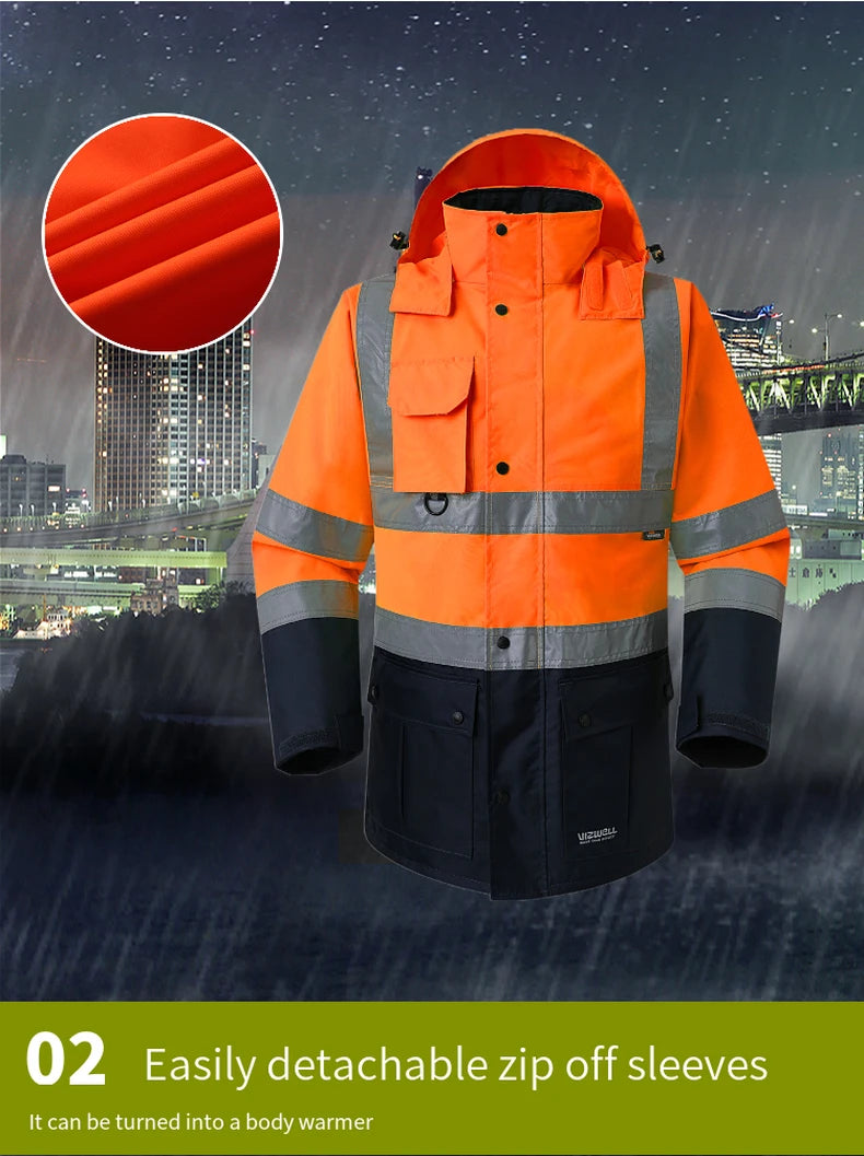 Hi Vis 5 in 1 Waterproof Parka Windbreaker Workwear Rain Coat Reflective Safety Jacket with Detachable Linner