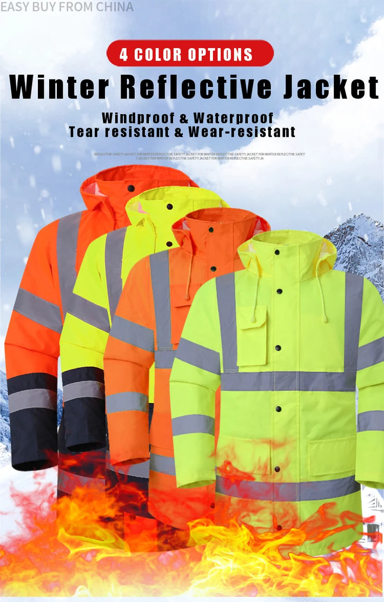 Men's Hi Vis Winter Safety Parka Jacket Reflective Warm Coat Rain Jacket With Zipper and Pockets