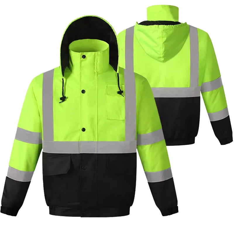 Hi Vis Cotton Winter Safety Coat,Safety Jackets Waterproof with Pockets and Zipper,Traffic Highway Rain Coat