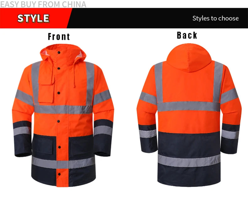Men's Hi Vis Winter Safety Parka Jacket Reflective Warm Coat Rain Jacket With Zipper and Pockets