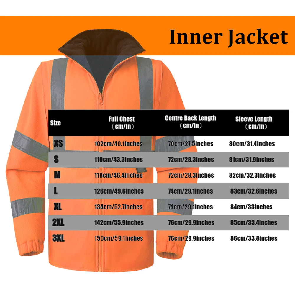 Hi Vis 5 in 1 Waterproof Parka Windbreaker Workwear Rain Coat Reflective Safety Jacket with Detachable Linner